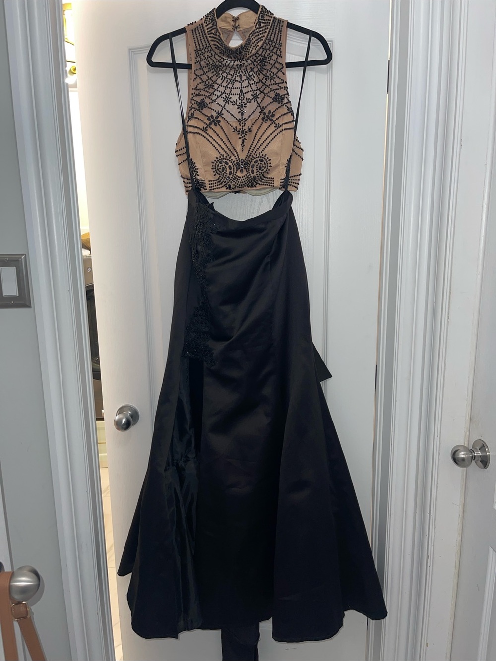 Beaded Nude Crop Halter Top with Black Formal Skirt